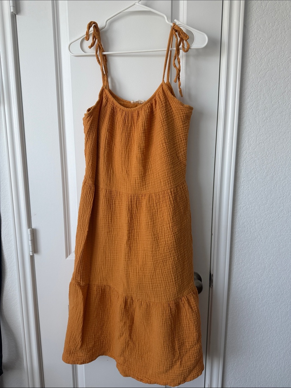 Tie-Shoulder Tiered Midi Dress in Mustard